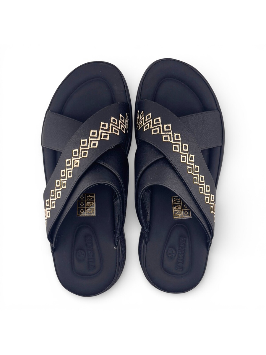 Men Black Cross-Strap Sandals with Gold Geometric Detail