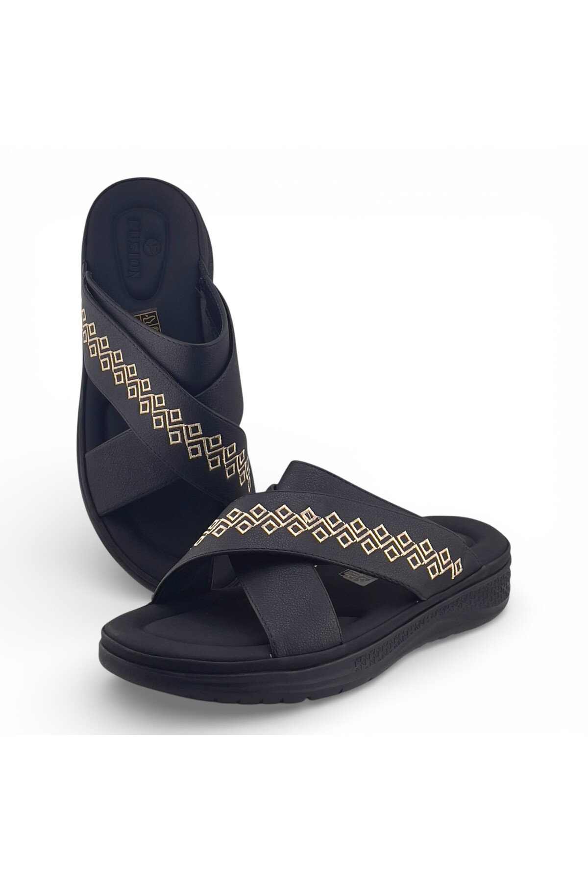 Men Black Cross-Strap Sandals with Gold Geometric Detail