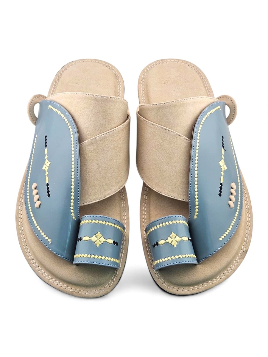 Men Light Blue Arabic Sandals with Gold Stitching 