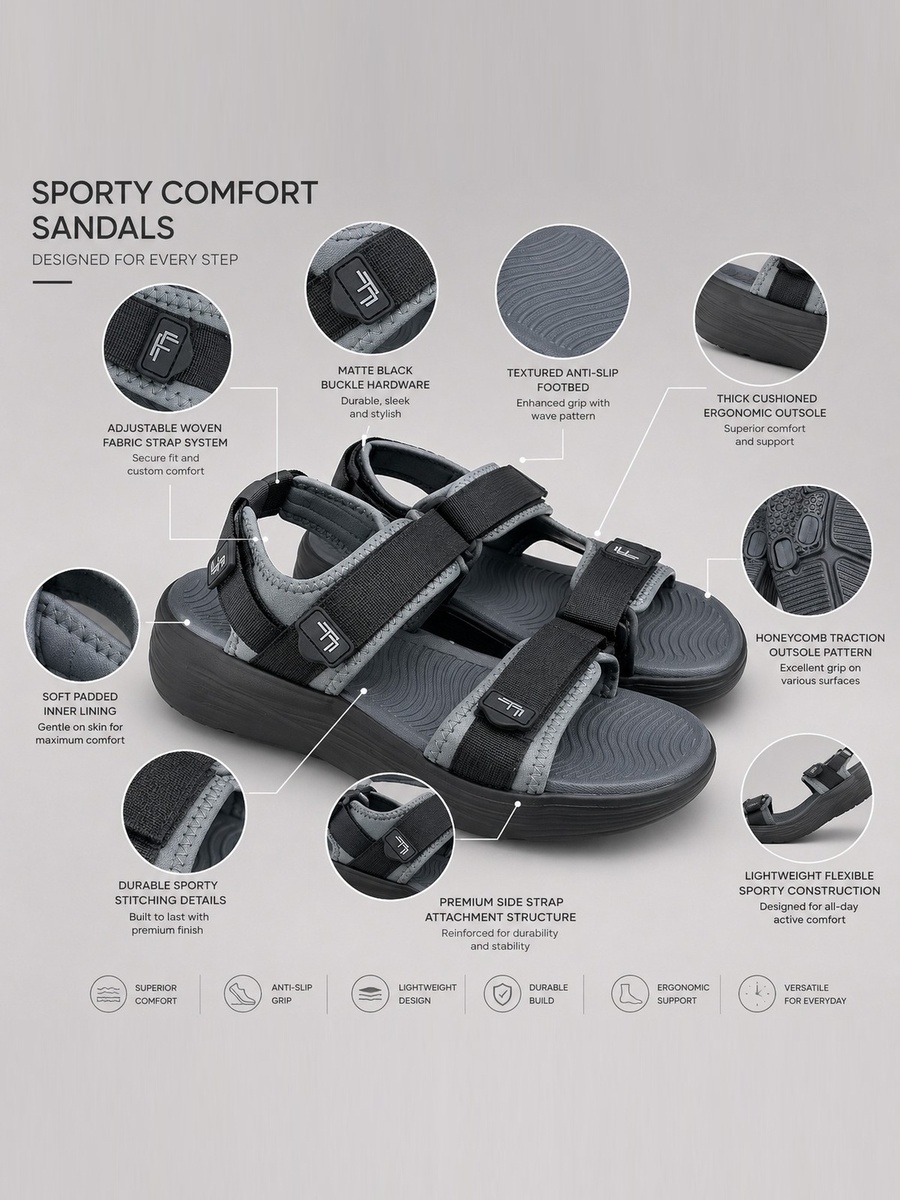 Men Black Adjustable Strap Comfort Sandals - Lightweight and Durable for Everyday Wear