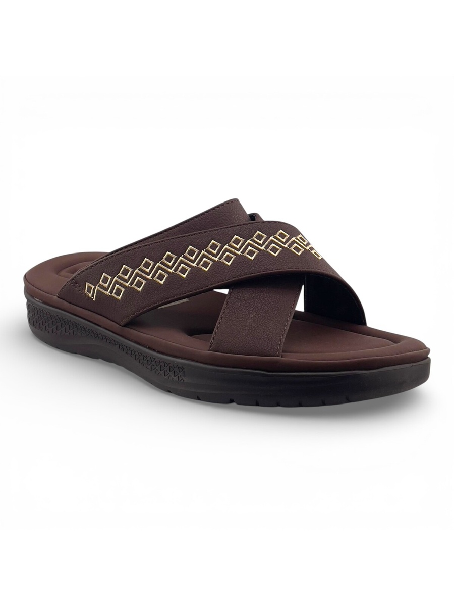 Men Coffee Brown Cross-Strap Sandals with Geometric Embroidery
