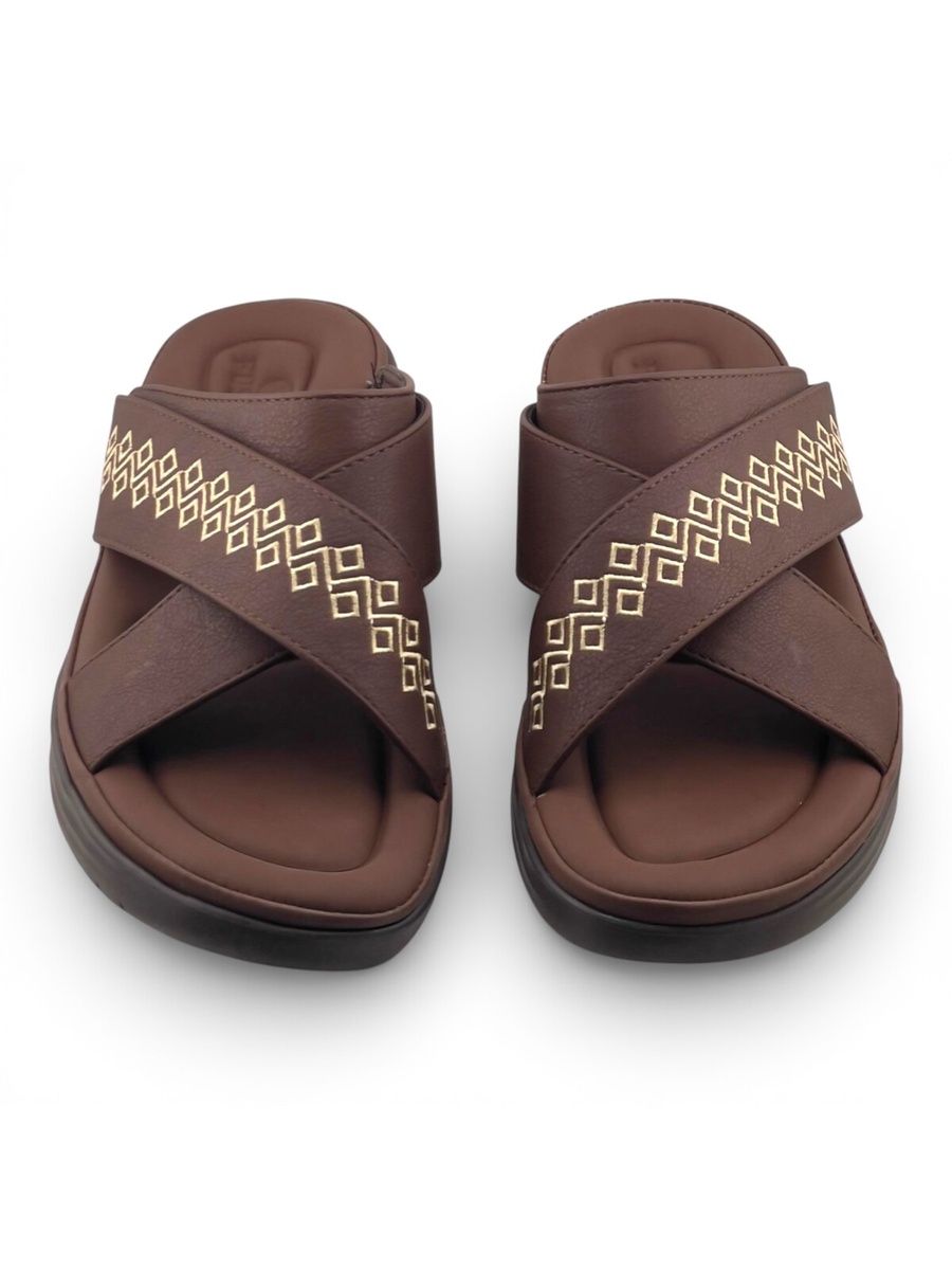 Men Coffee Brown Cross-Strap Sandals with Geometric Embroidery