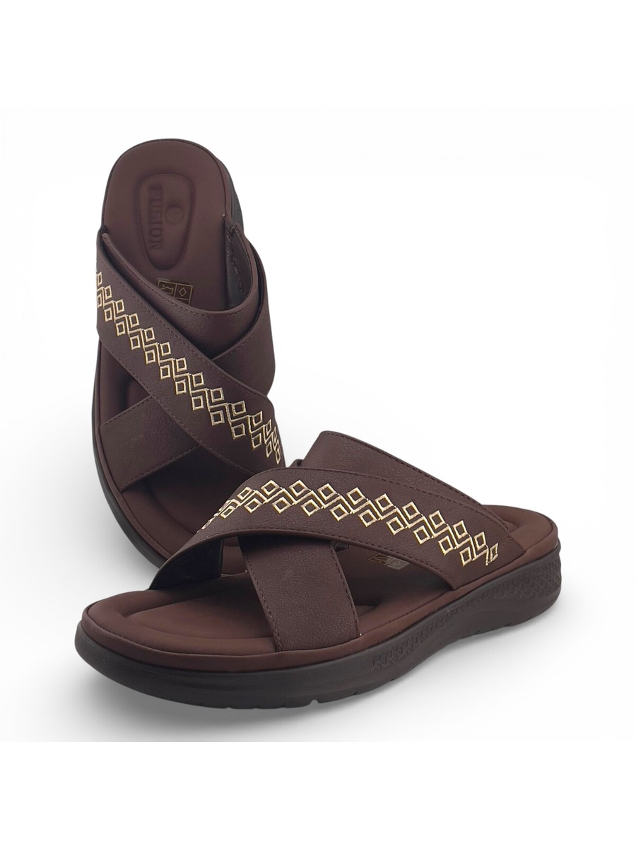 Men Coffee Brown Cross-Strap Sandals with Geometric Embroidery