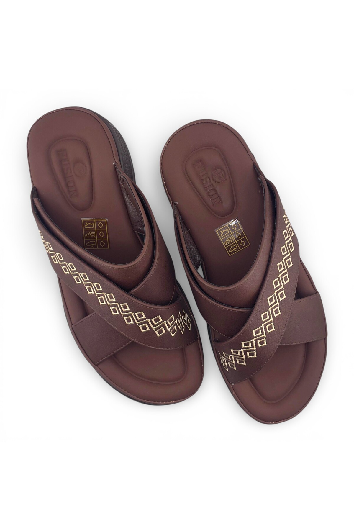 Men Coffee Brown Cross-Strap Sandals with Geometric Embroidery