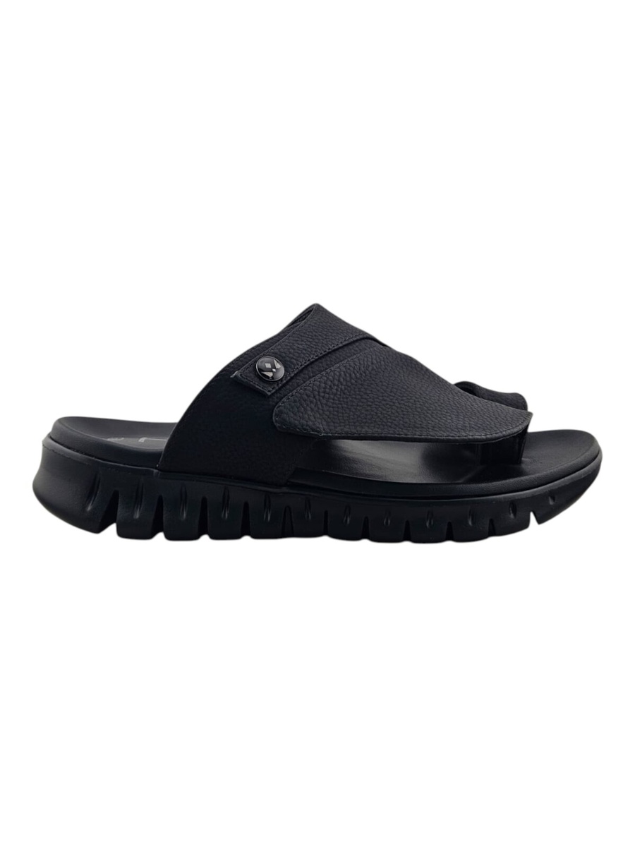Black Leather Men Comfort Sandals with Toe Loop