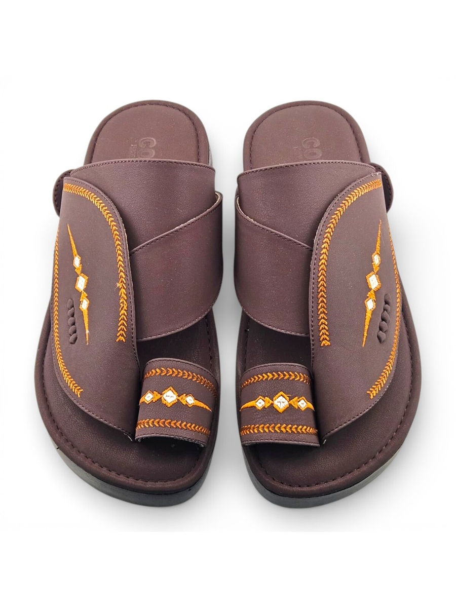 Men Brown Arabic Sandals with Embroidered Design