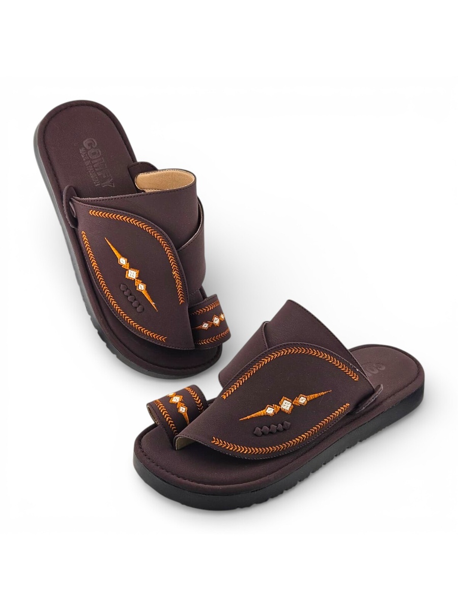 Men Brown Arabic Sandals with Embroidered Design