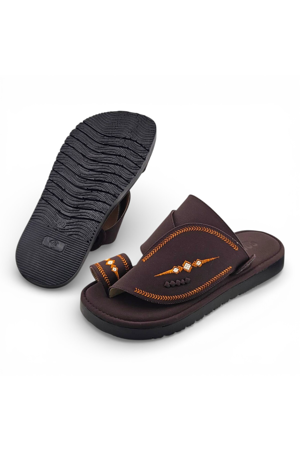 Men Brown Arabic Sandals with Embroidered Design