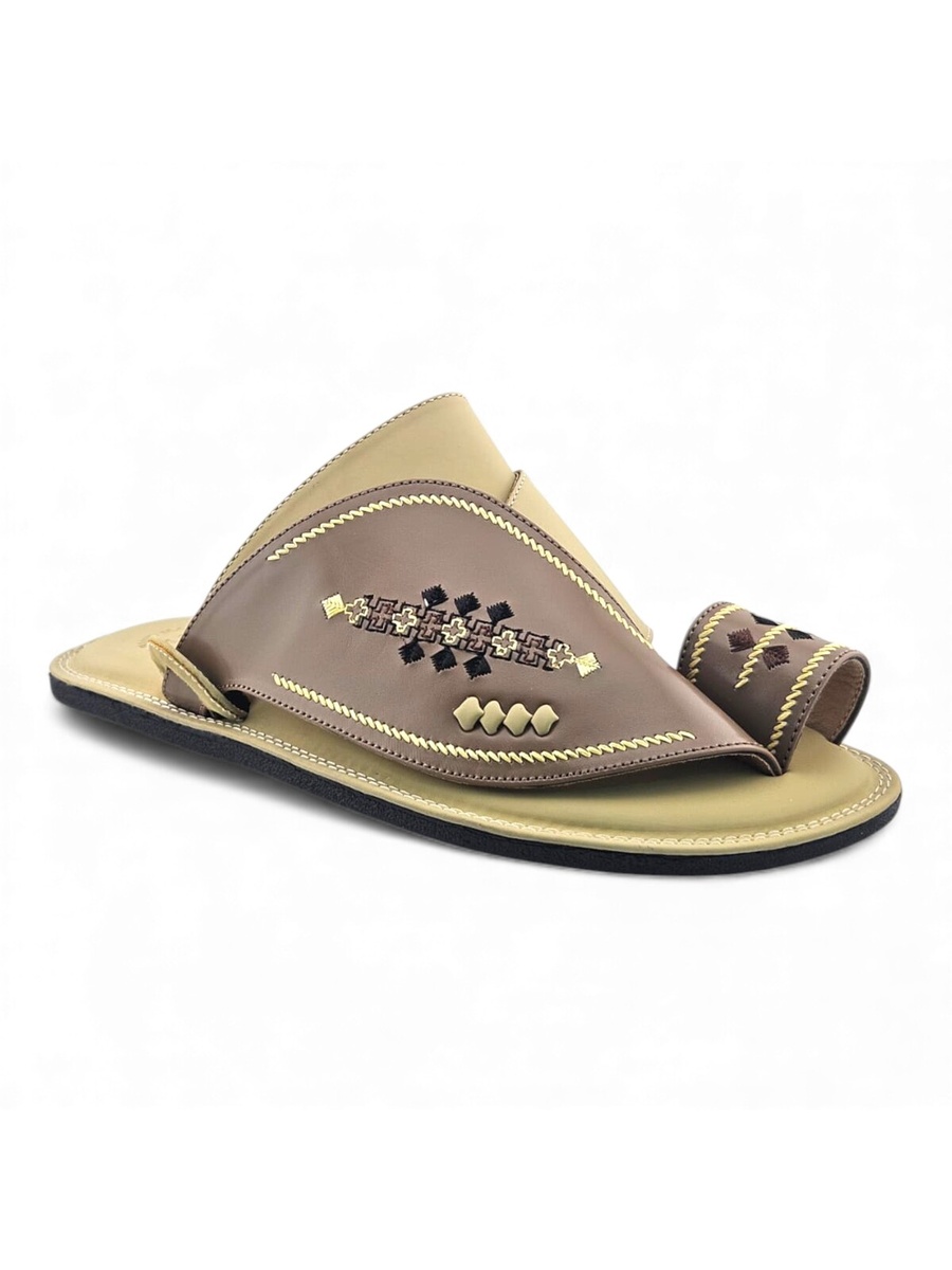 Men Beige Arabic Leather Sandals with Traditional Embroidery