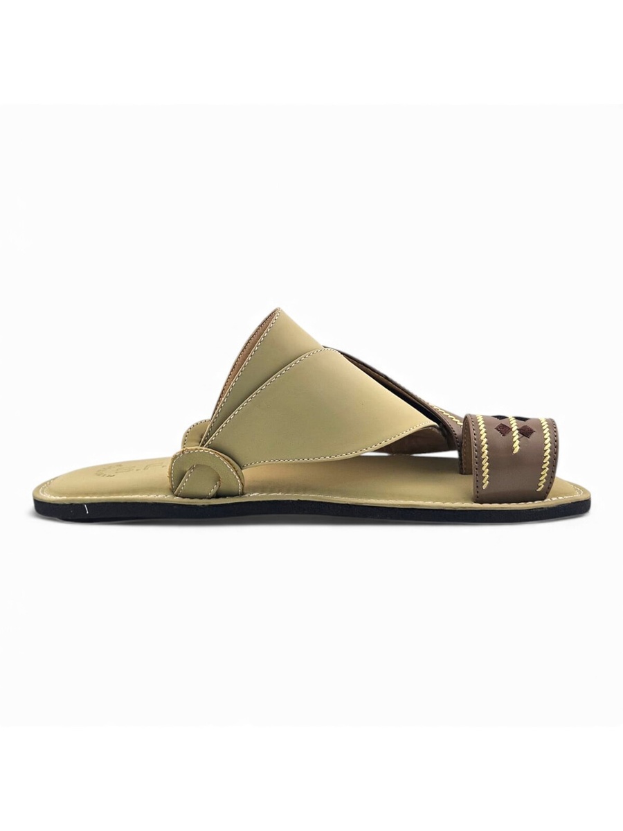 Men Beige Arabic Leather Sandals with Traditional Embroidery