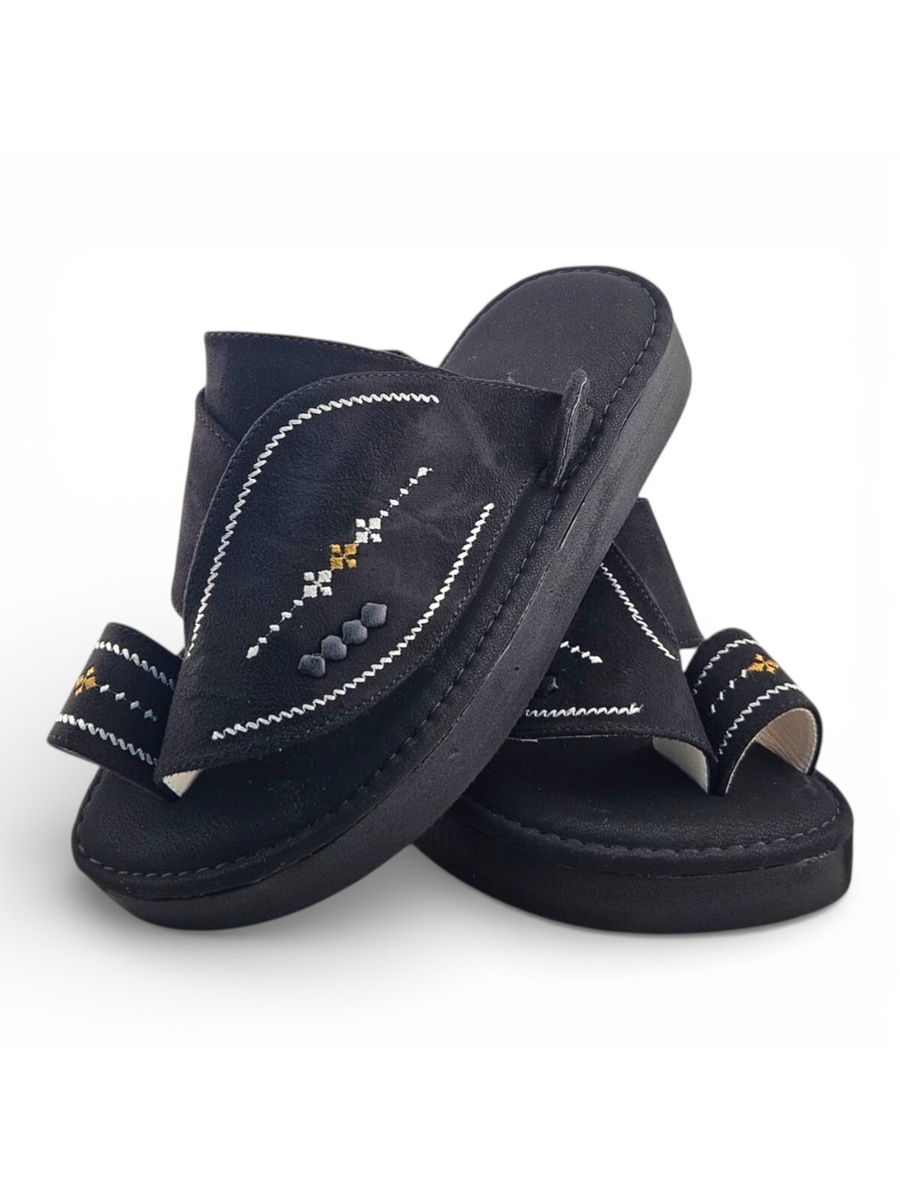 Boys Black Embroidered Strap Arabic Slippers