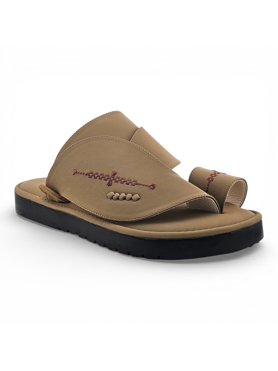 Men Beige Leather Arabic Sandals with Embroidered Detail