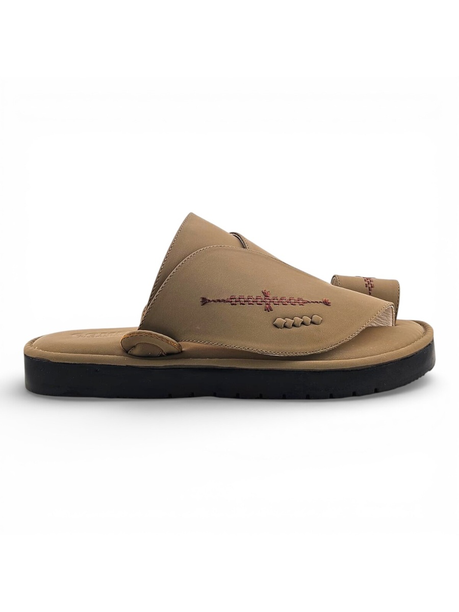 Men Beige Leather Arabic Sandals with Embroidered Detail