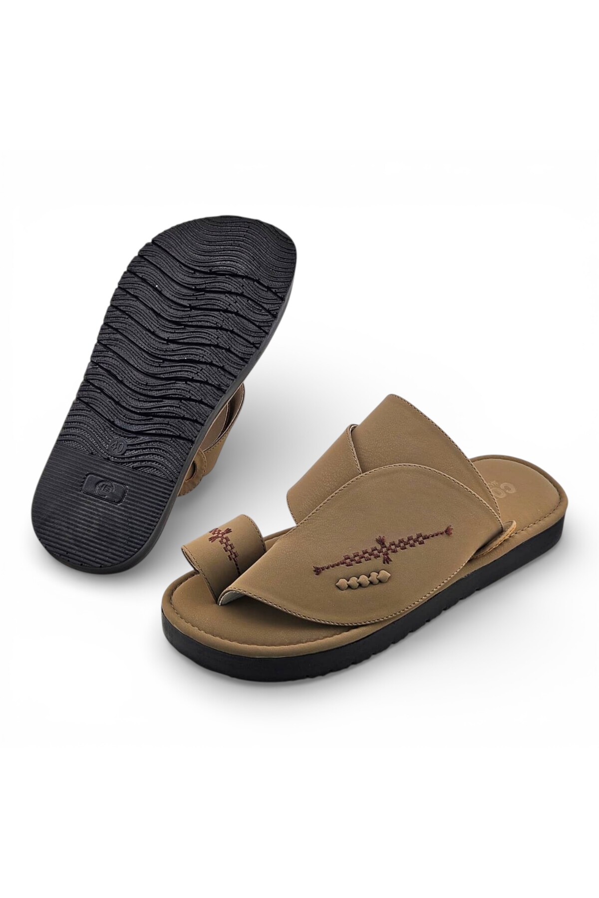 Men Beige Leather Arabic Sandals with Embroidered Detail