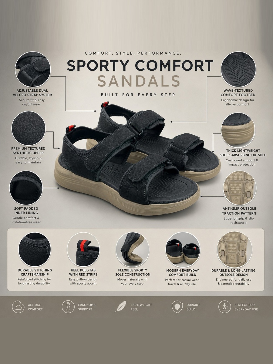 Men Black Casual Sandals with Adjustable Straps - for Everyday Wear