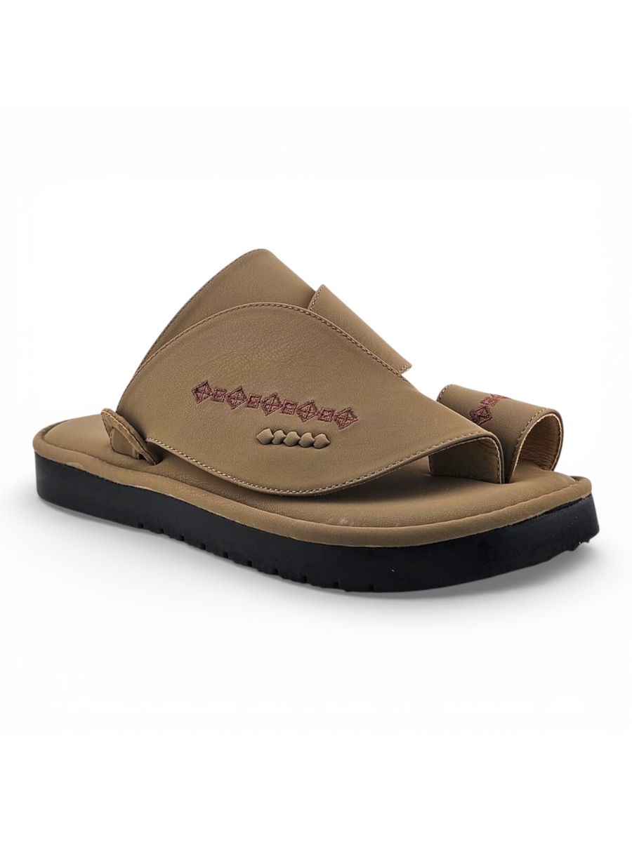 Men Beige Leather Arabic Sandals with Embroidered Detail