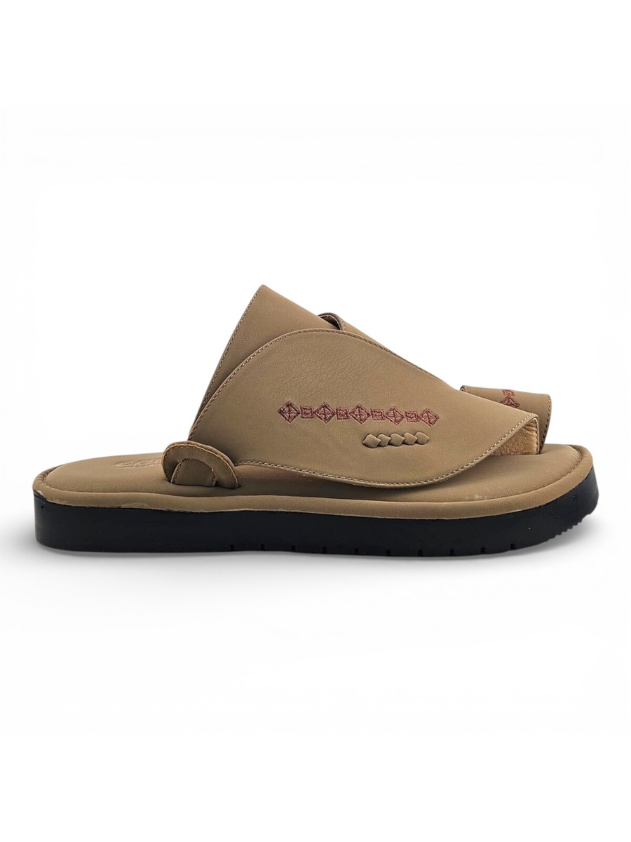 Men Beige Leather Arabic Sandals with Embroidered Detail