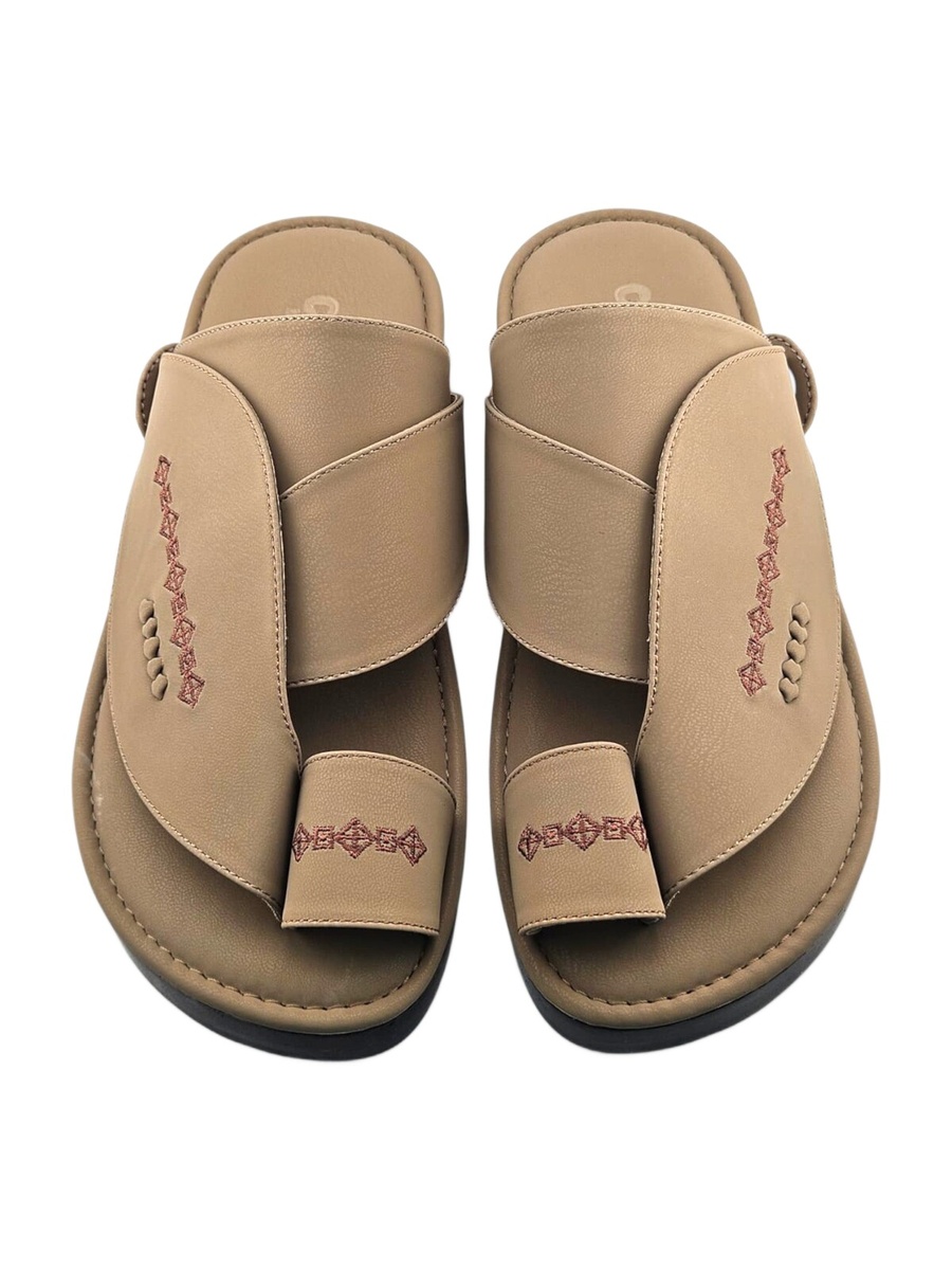 Men Beige Leather Arabic Sandals with Embroidered Detail
