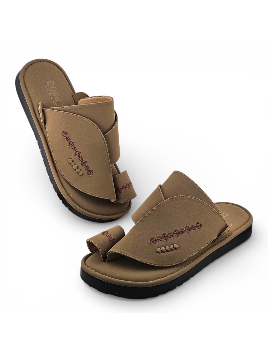 Men Beige Leather Arabic Sandals with Embroidered Detail