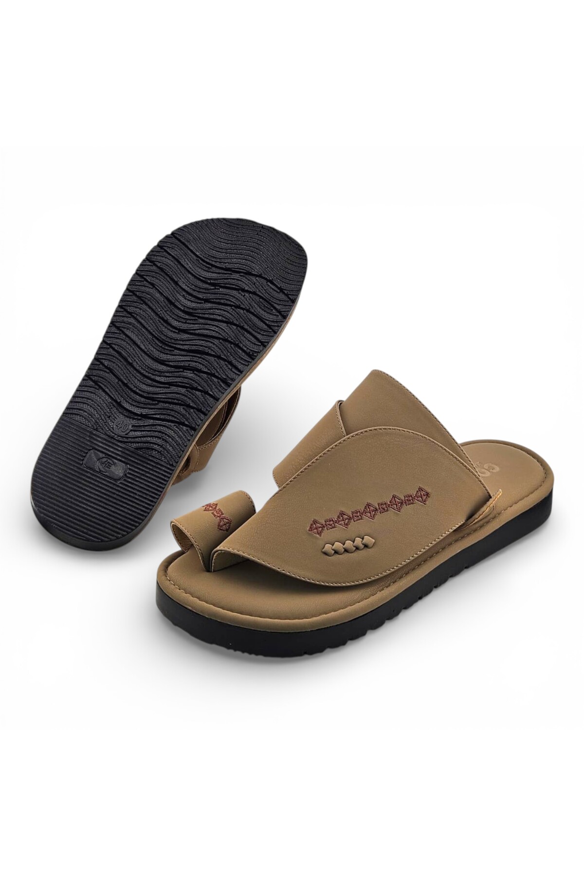 Men Beige Leather Arabic Sandals with Embroidered Detail