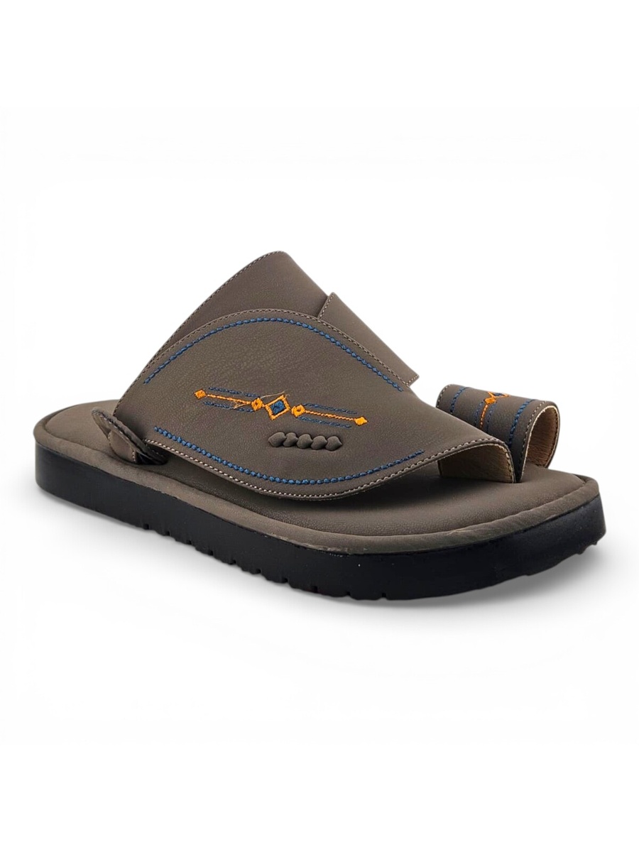Men Khaki Arabic Sandals with Embroidered Design
