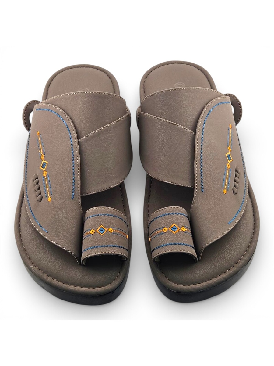 Men Khaki Arabic Sandals with Embroidered Design