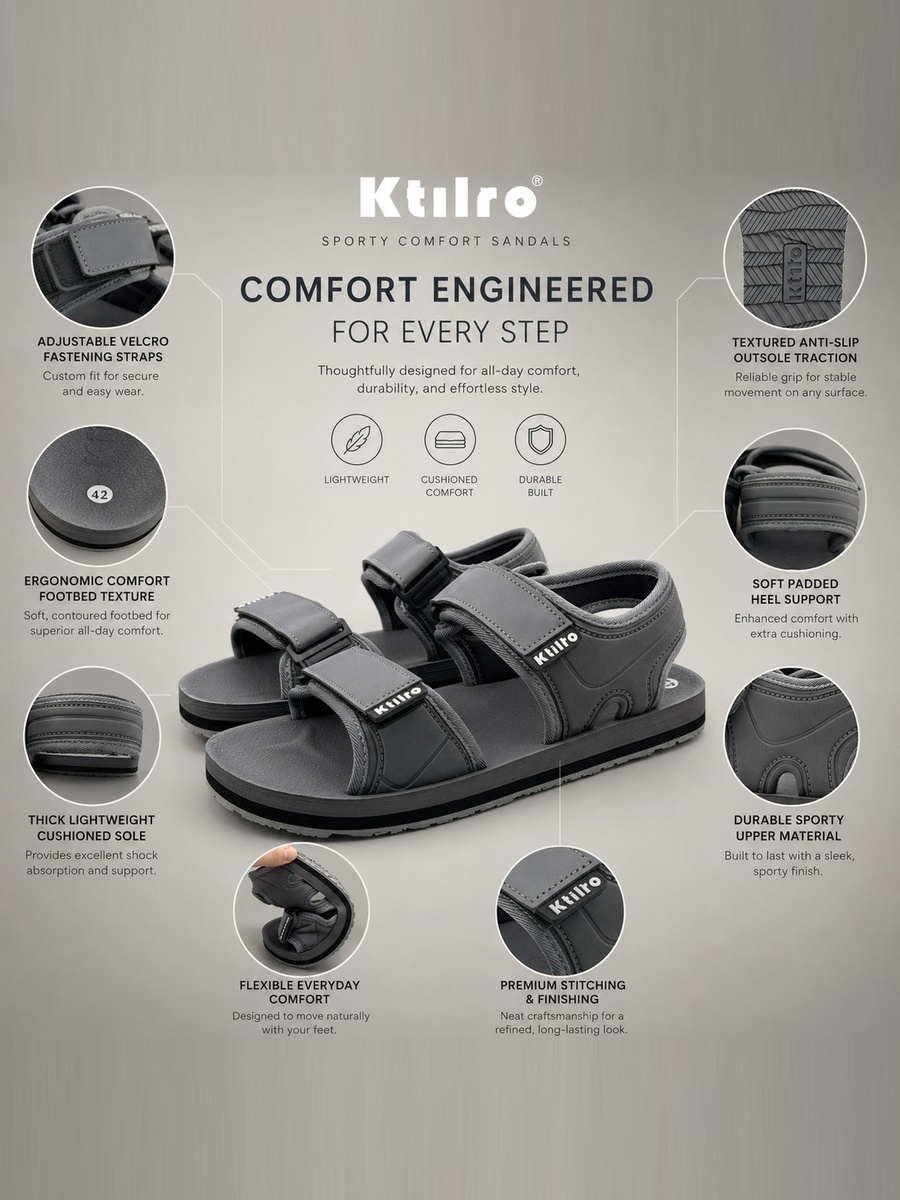 Grey Men Casual Comfort Sandals with Adjustable Straps