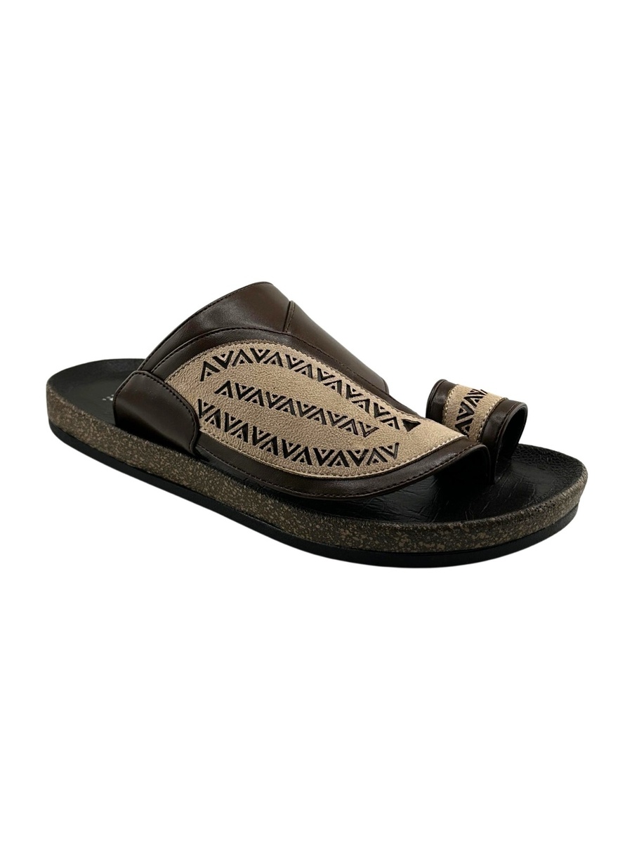 Men Brown Comfort Slide Sandals with Geometric Pattern
