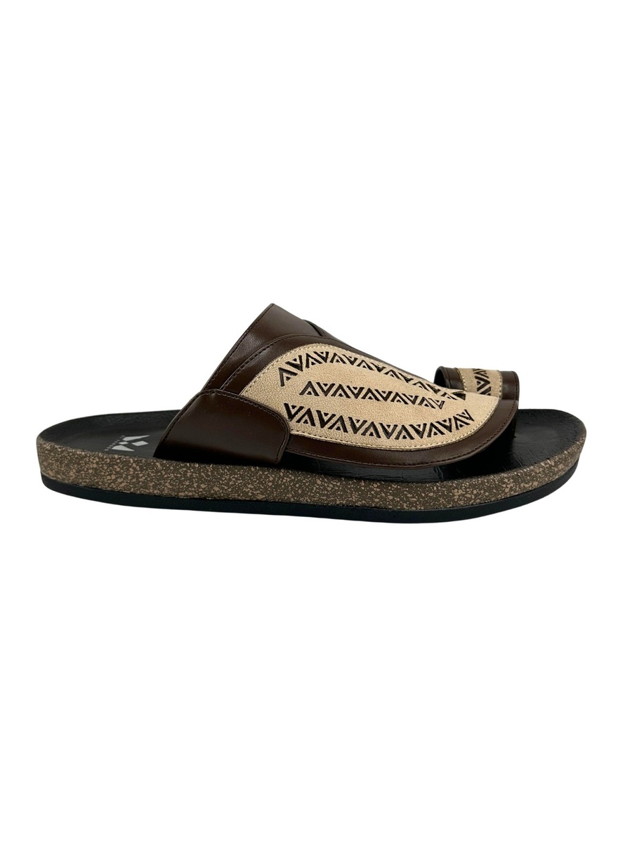 Men Brown Comfort Slide Sandals with Geometric Pattern
