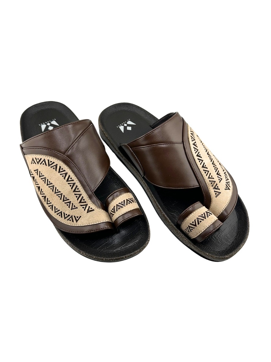 Men Brown Comfort Slide Sandals with Geometric Pattern