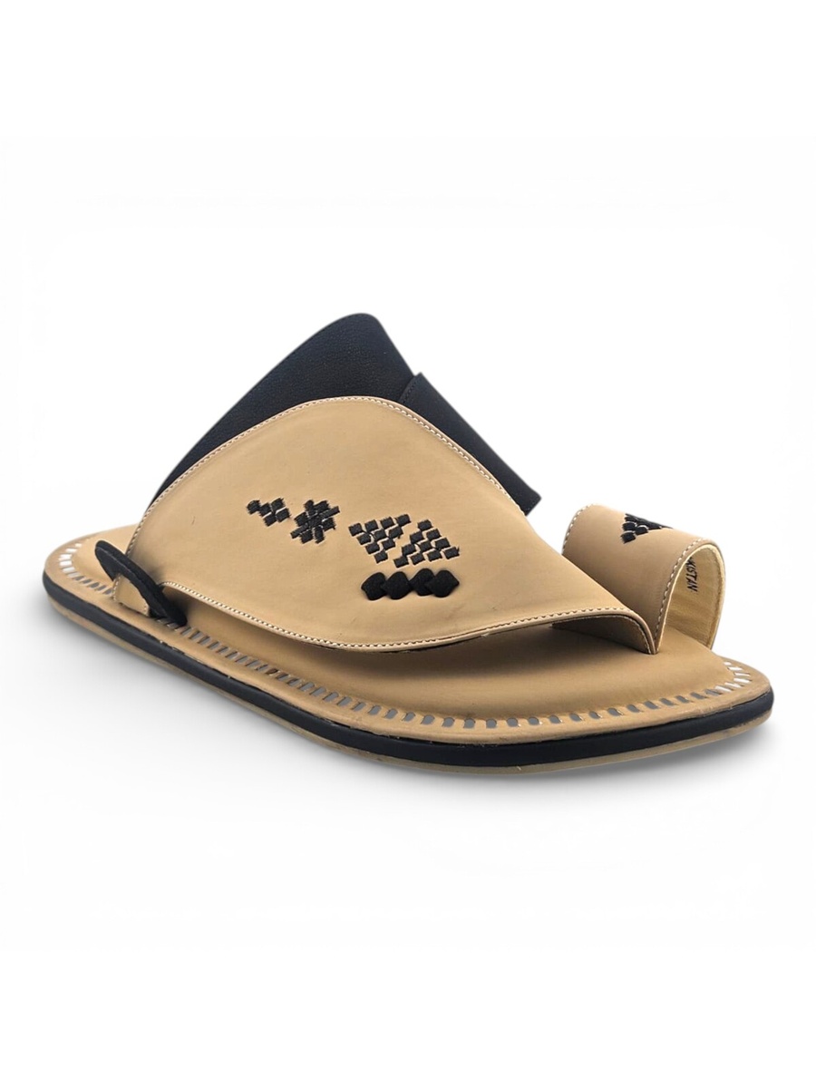 Men Tan Leather Thobe Sandals with Embroidered Detail