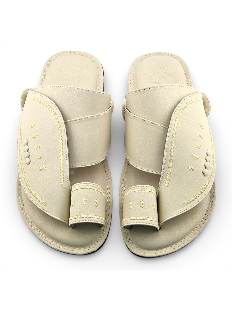 Men Cream Arabic Sandals with Gold Stitching