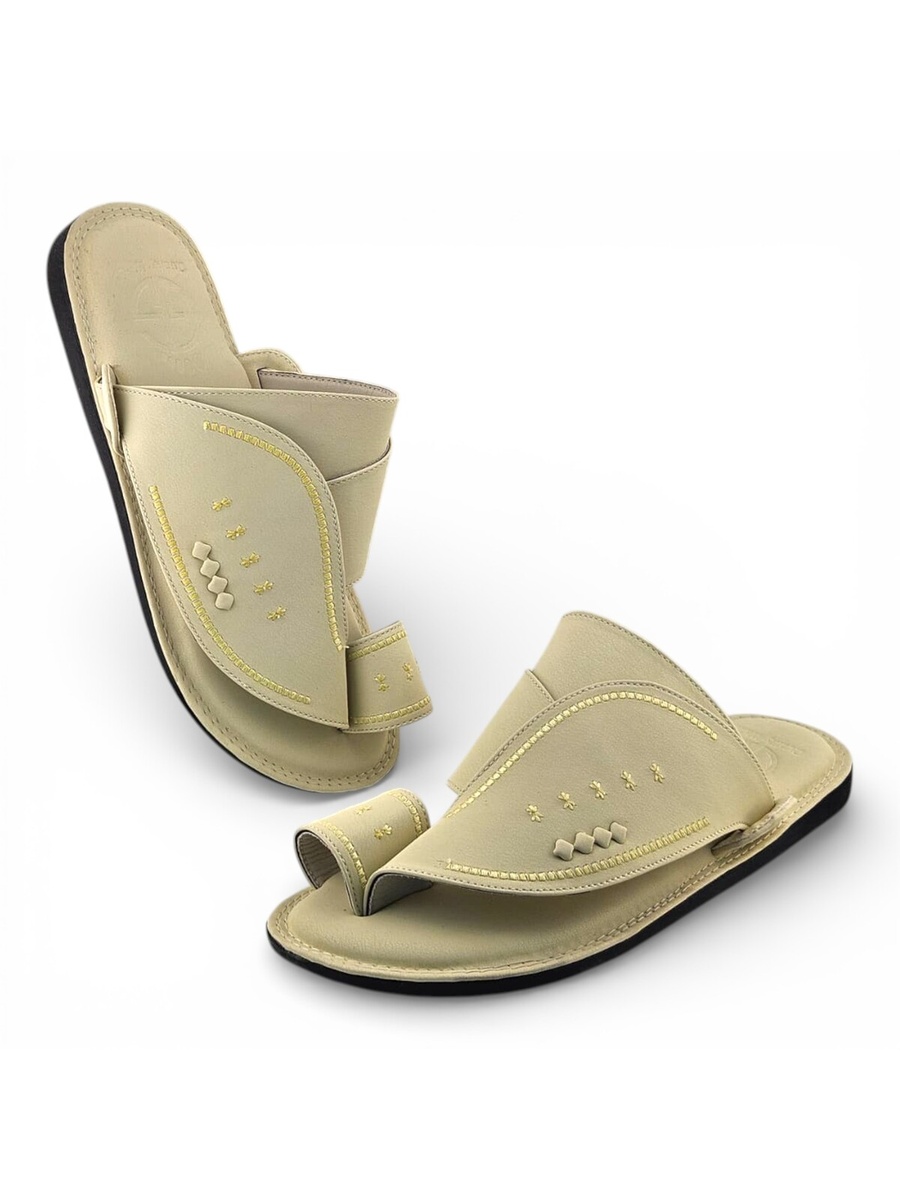 Men Cream Arabic Sandals with Gold Stitching