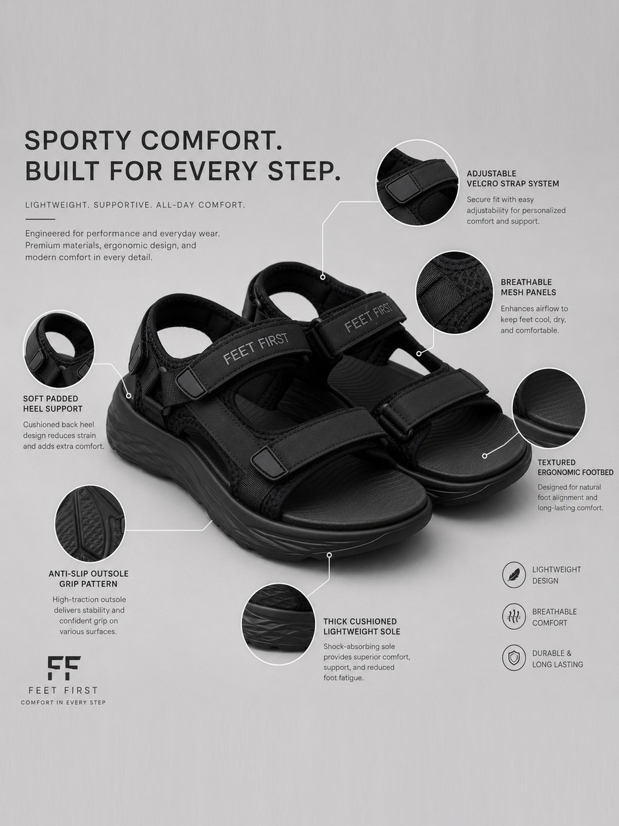 Men Black Casual Comfort Sandals - Adjustable Straps