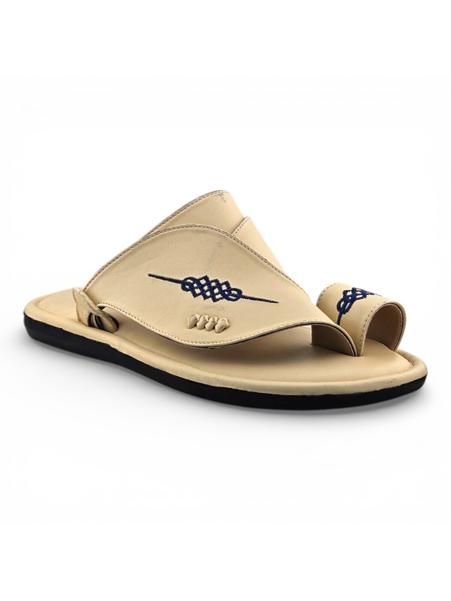Cream Men Arabic Sandals with Blue Embroidery