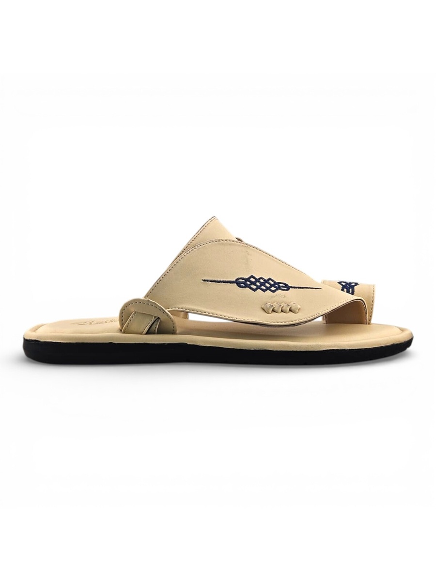 Cream Men Arabic Sandals with Blue Embroidery