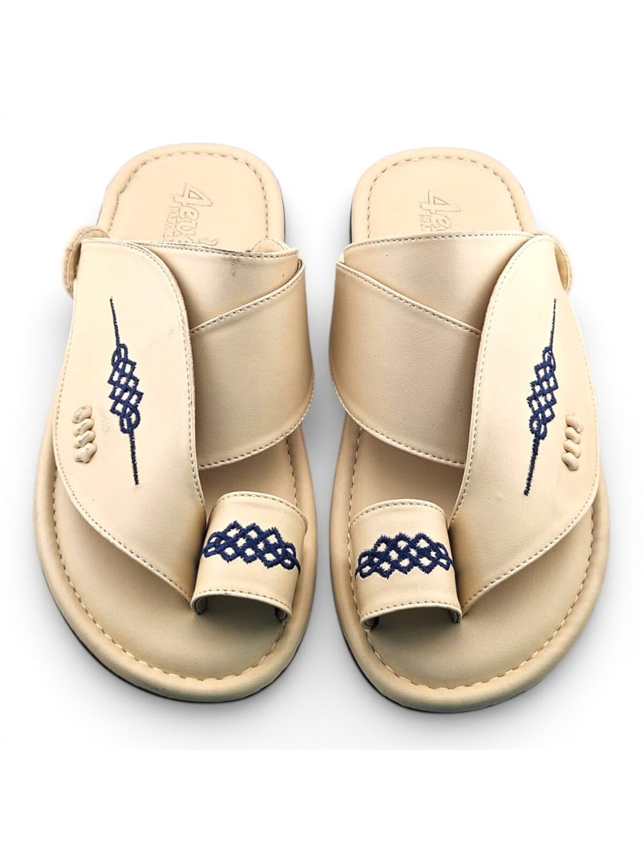 Cream Men Arabic Sandals with Blue Embroidery