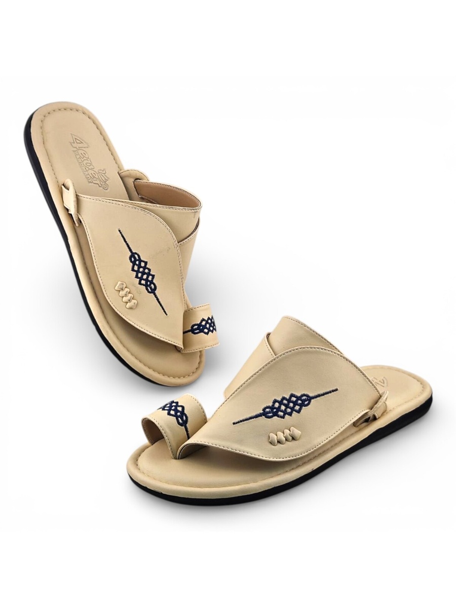 Cream Men Arabic Sandals with Blue Embroidery