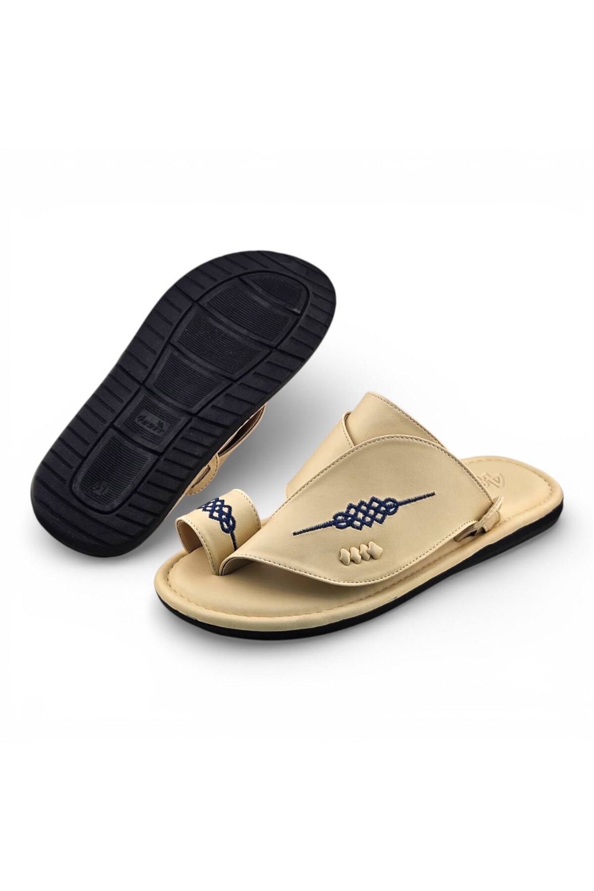 Cream Men Arabic Sandals with Blue Embroidery