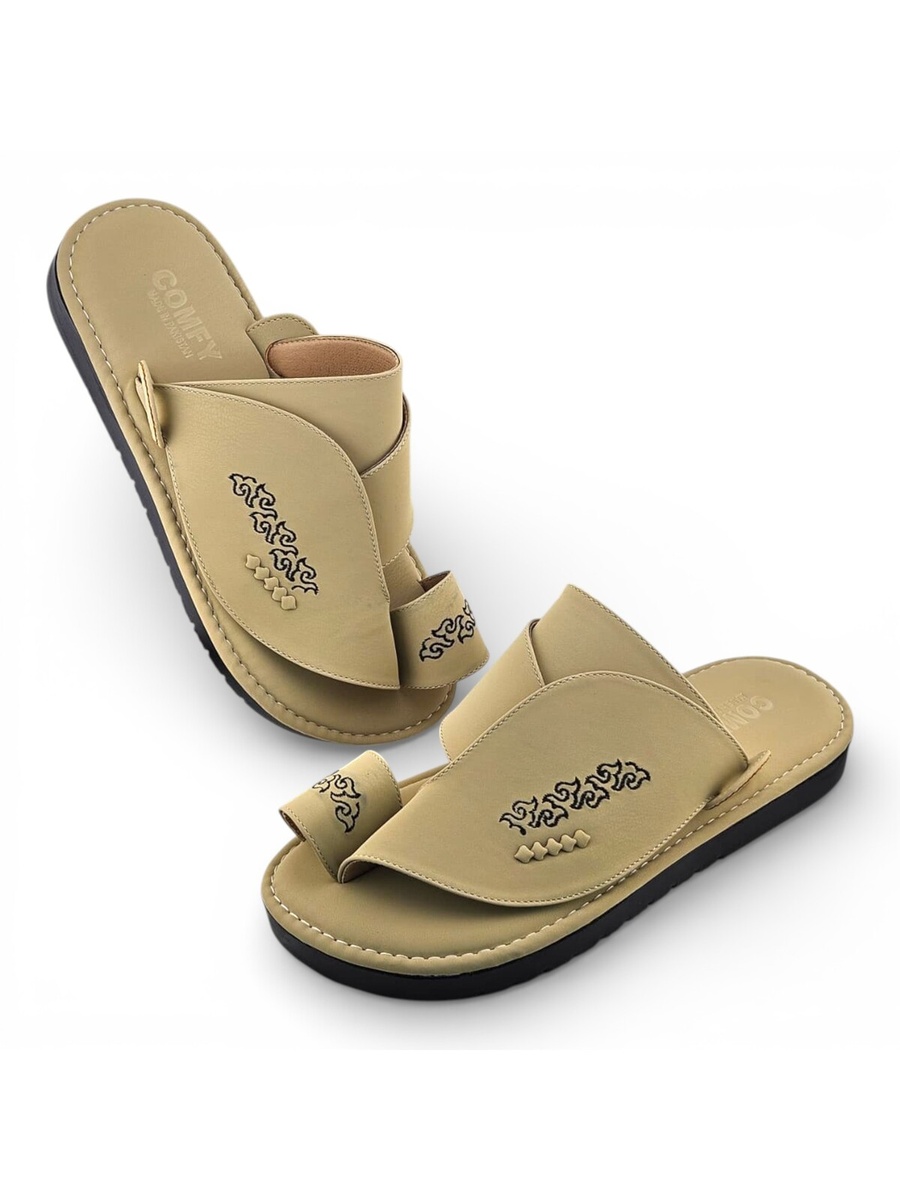 Men Cream Arabic Sandals with Embroidered Detail