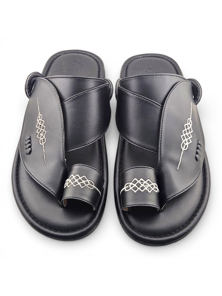 Men Black Leather Arabic Sandals with Embroidered Design