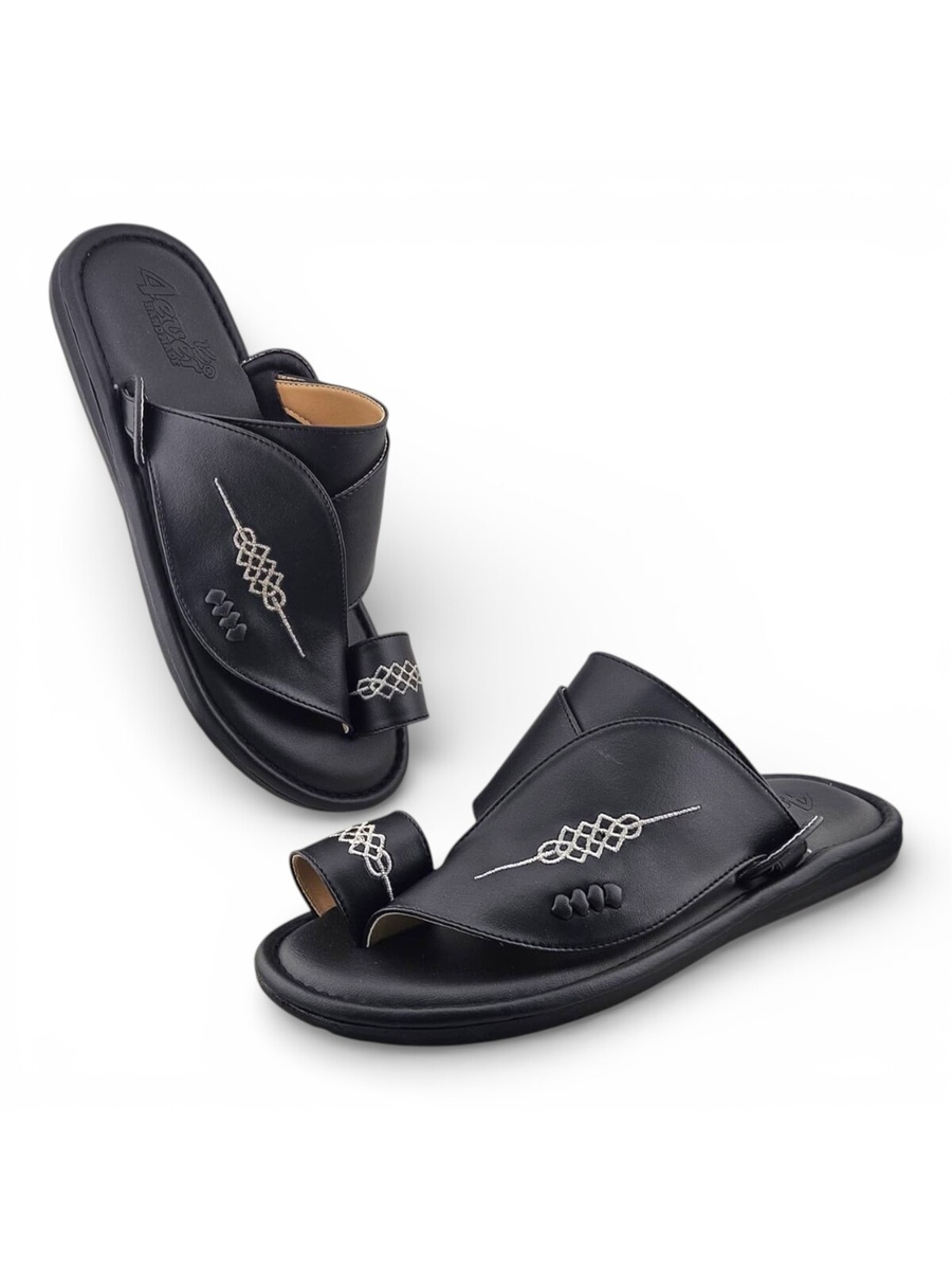 Men Black Leather Arabic Sandals with Embroidered Design
