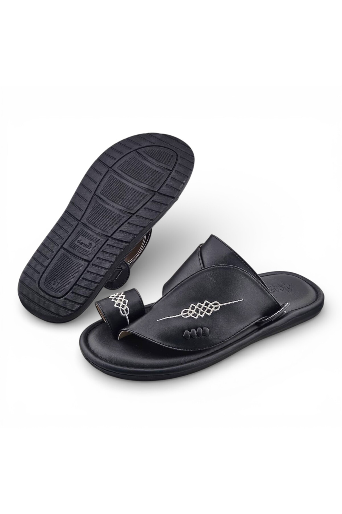 Men Black Leather Arabic Sandals with Embroidered Design