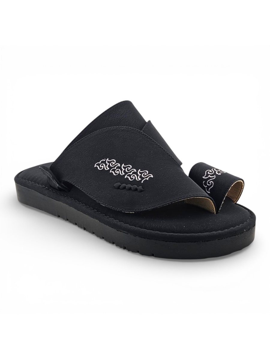 Men Black Arabic Sandals with White Embroidery