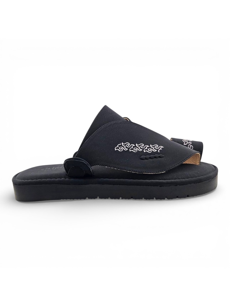 Men Black Arabic Sandals with White Embroidery