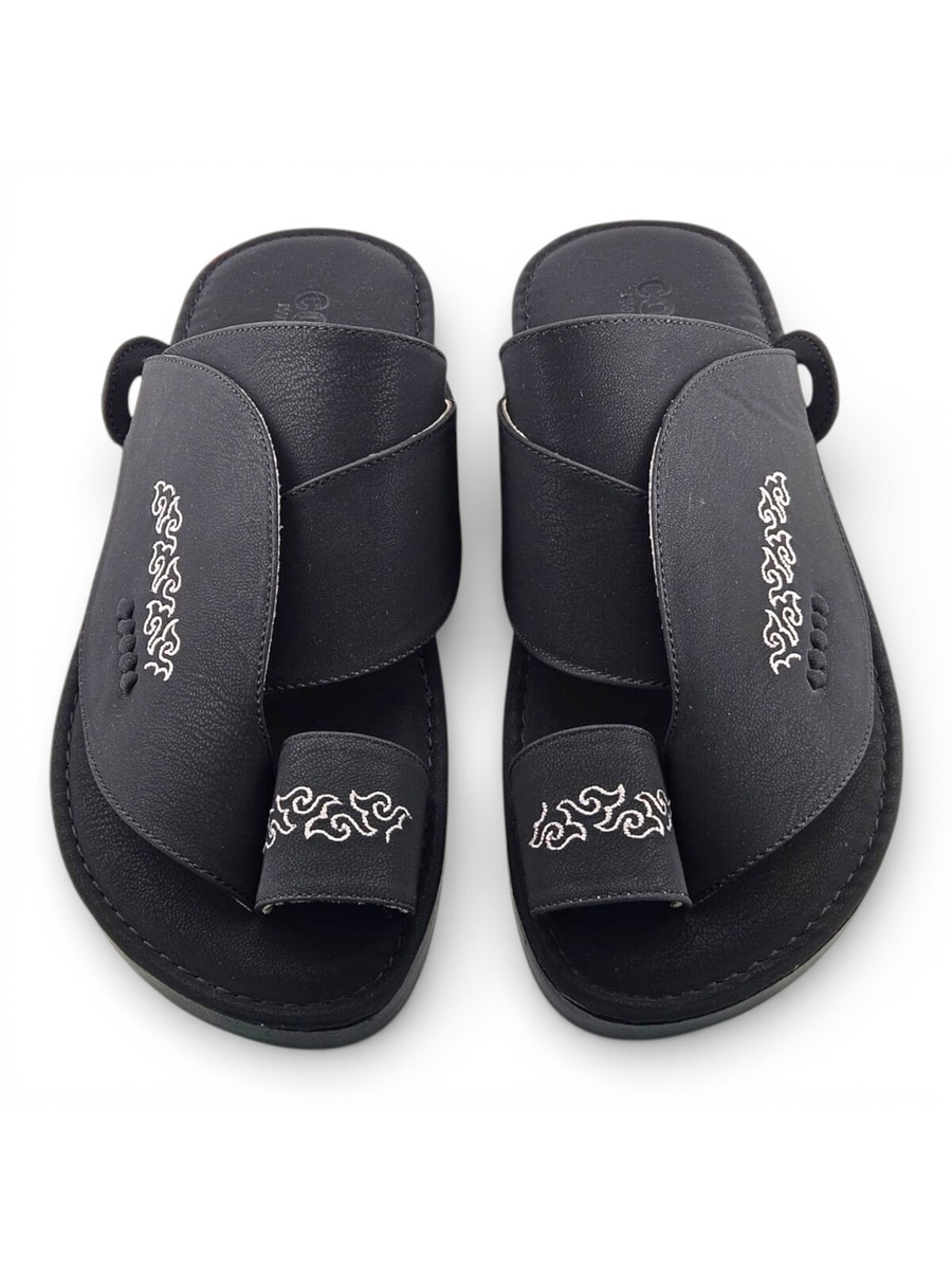 Men Black Arabic Sandals with White Embroidery