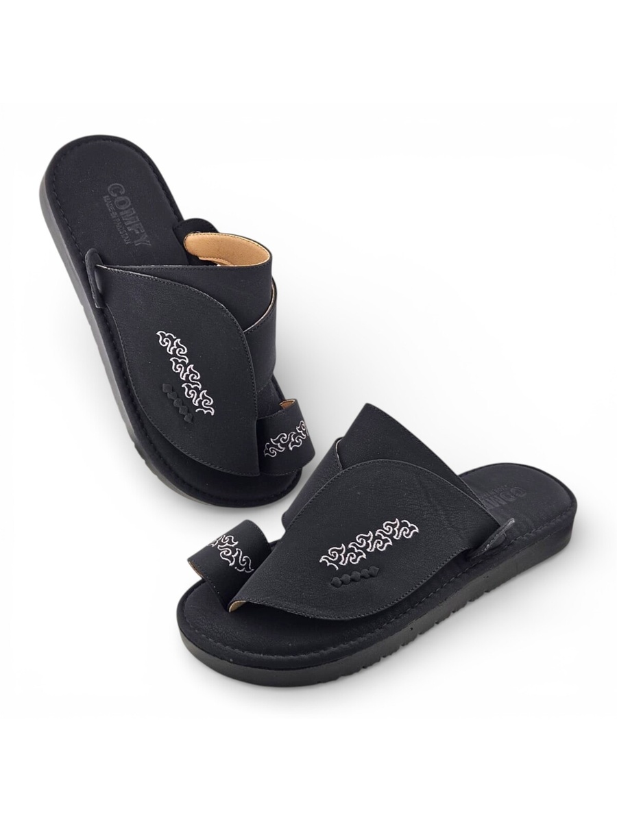 Men Black Arabic Sandals with White Embroidery