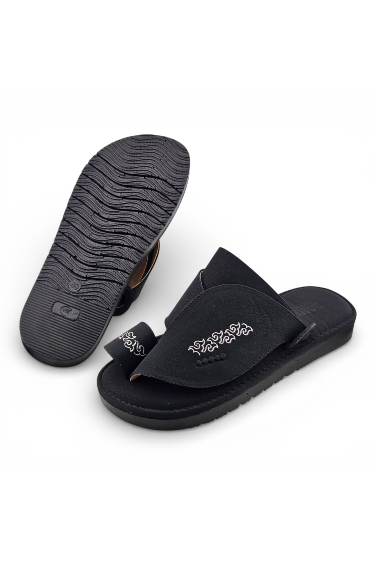 Men Black Arabic Sandals with White Embroidery