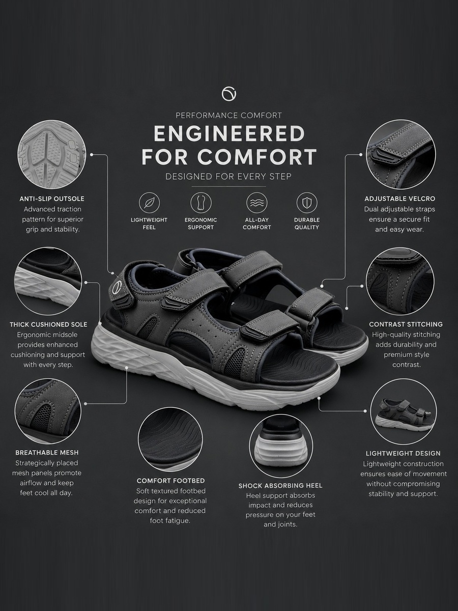 Men Grey Comfort Trekker Sandals - Adjustable Straps for Outdoor and Casual Wear