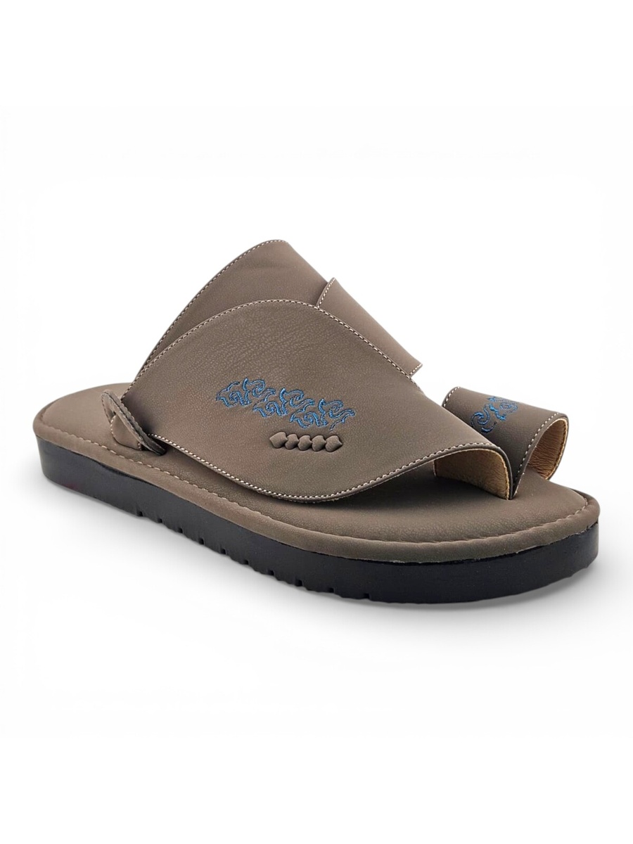 Men Khaki Arabic Sandals with Blue Embroidery